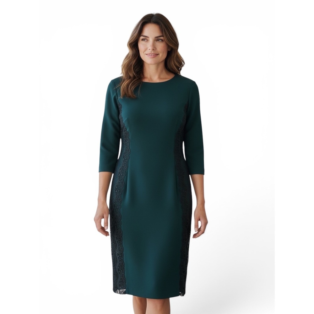 Antonio Melani Forest Green Lace Panel Sheath Dress 3/4 Sleeve 8 Holiday Career‎
